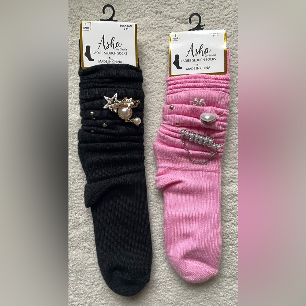 Black & Pink Jeweled Slouch Socks with Removable  Rhinestone & Pearl Pins